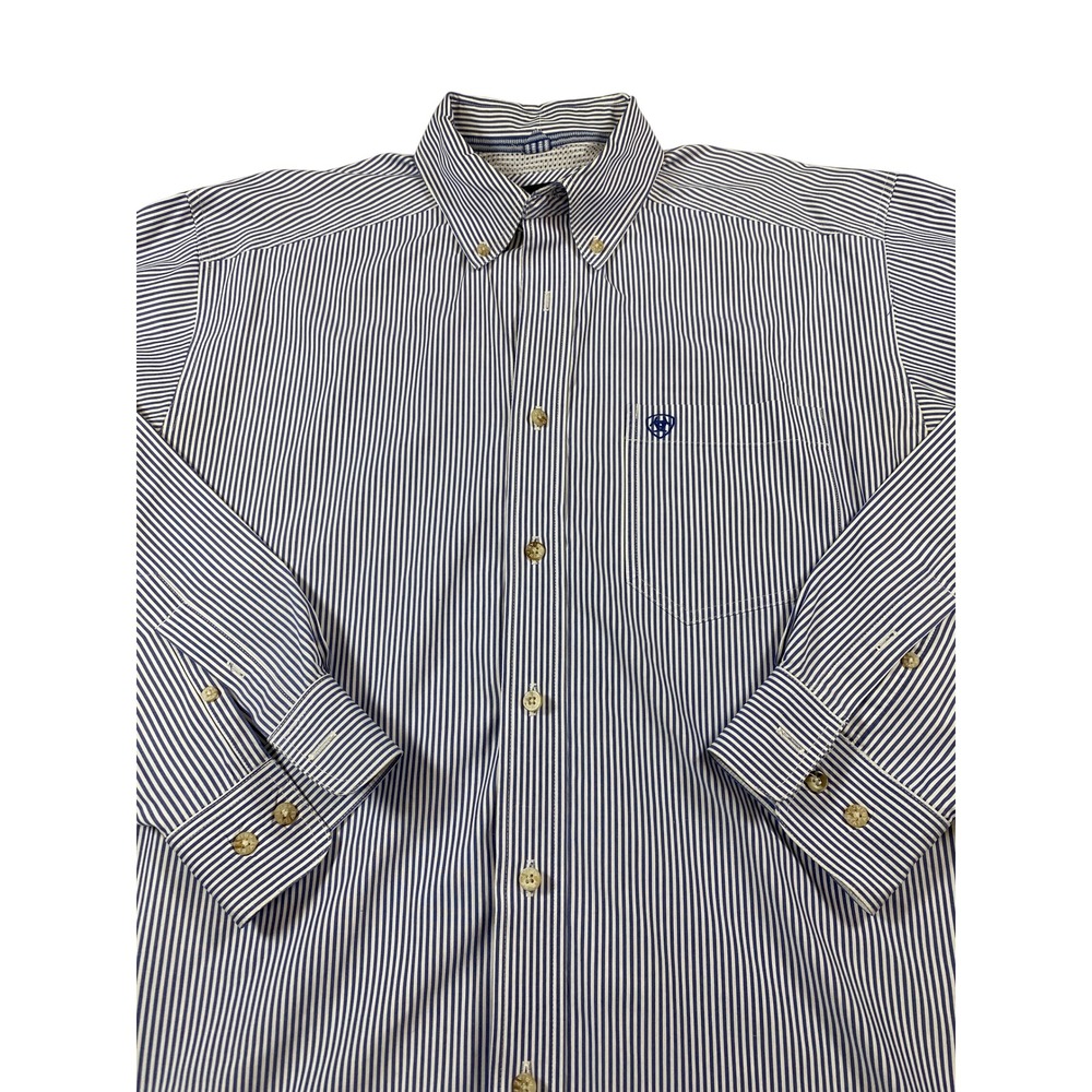Ariat Pro‎ Series Mens Large Blue White Striped Long Sleeve Button Down Shirt